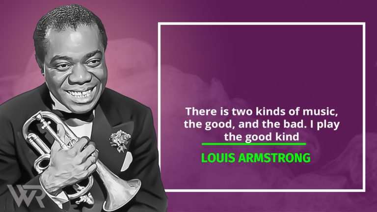 Louis Armstrong laughing, with a quote overlay about the importance of joy in life.